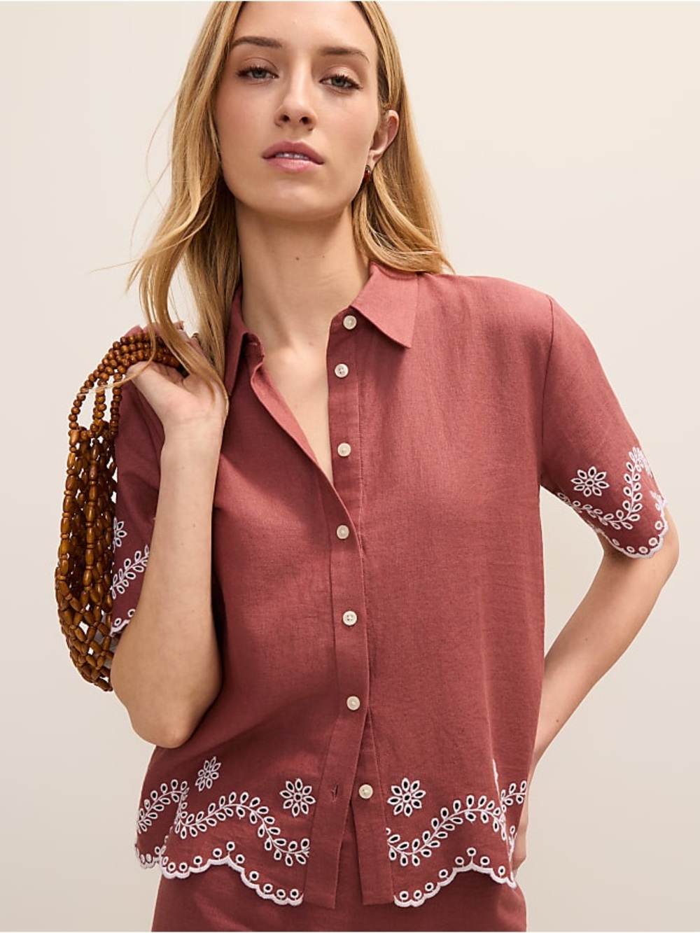 Ann Taylor Terracotta Eyelet Linen Blend Collared Shirt